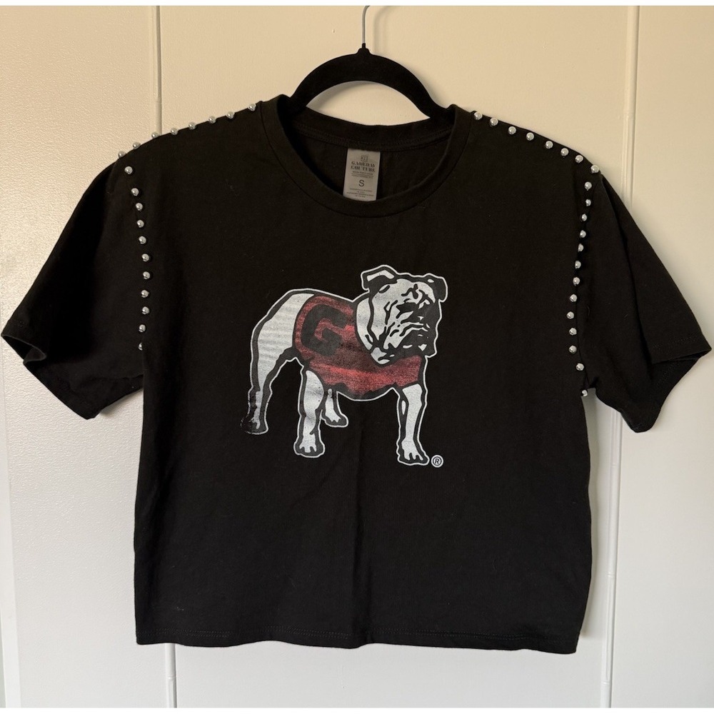 GameDay Couture Cropped UGA Georgia Bulldogs Tee Studded Shoulder Black Sz Small